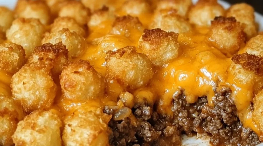 Tater Tot Casserole with Ground Beef served in a baking dish