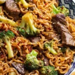 Beef and Broccoli Ramen Stir Fry dish garnished with green onions