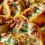 Delicious beef stuffed shells filled with savory meat and cheese.