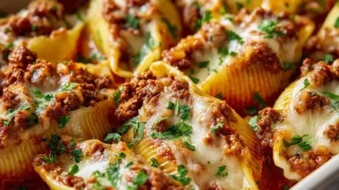 Delicious beef stuffed shells filled with savory meat and cheese.