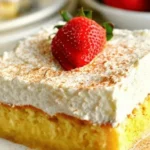 Delicious slice of gluten-free tres leches cake topped with whipped cream and strawberries