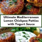 Plate of best Mediterranean lemon chickpea patties garnished with herbs.