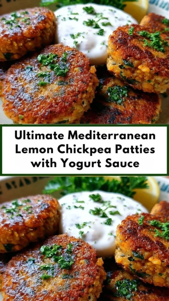 Plate of best Mediterranean lemon chickpea patties garnished with herbs.