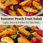 Delicious summer peach salad with juicy peaches and fresh greens
