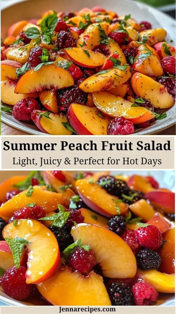 Delicious summer peach salad with juicy peaches and fresh greens