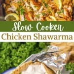 Delicious slow cooker chicken shawarma served with fresh vegetables and pita bread.