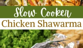 Delicious slow cooker chicken shawarma served with fresh vegetables and pita bread.