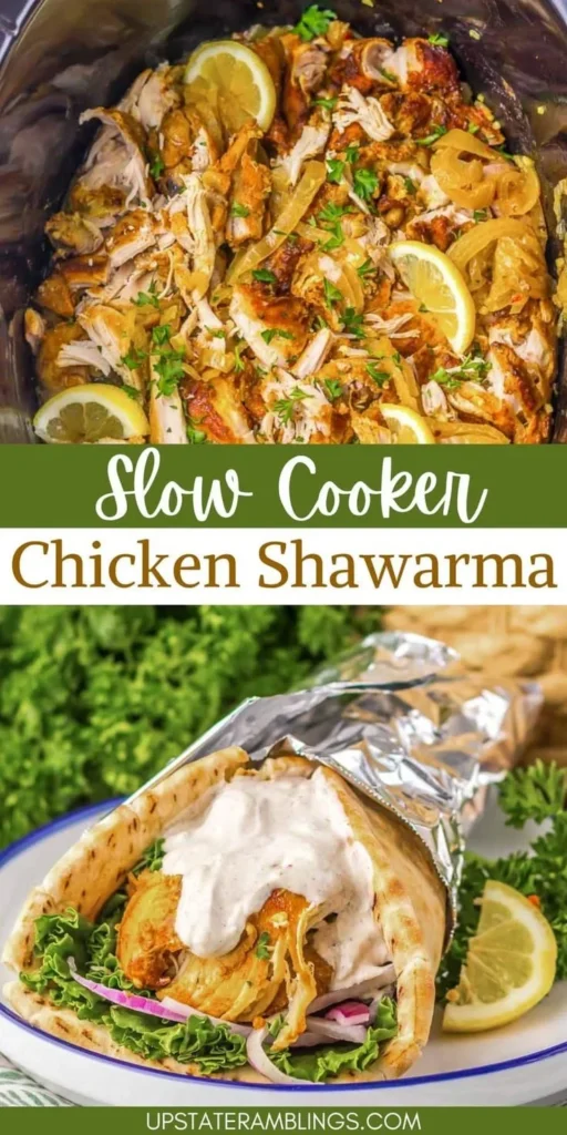 Delicious slow cooker chicken shawarma served with fresh vegetables and pita bread.