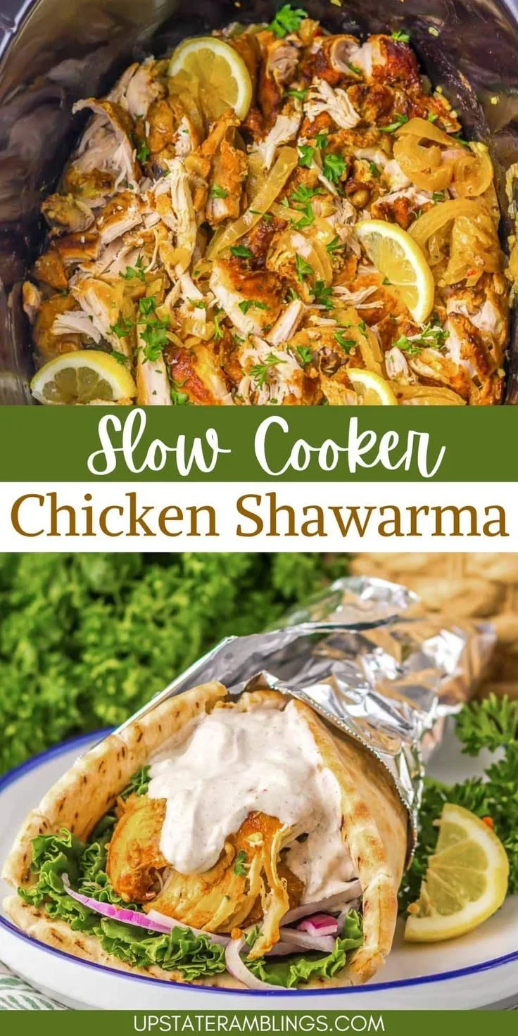 Delicious slow cooker chicken shawarma served with fresh vegetables and pita bread.