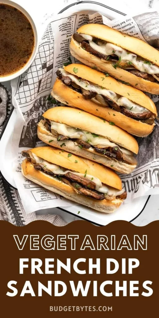 Delicious vegetarian French dip sandwich served with flavorful dipping sauce.