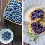 Jar of homemade blueberry lavender jam with fresh blueberries and lavender sprigs