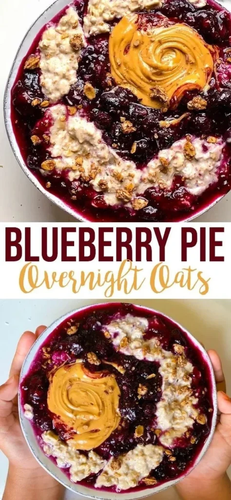 Delicious blueberry pie overnight oats topped with fresh blueberries
