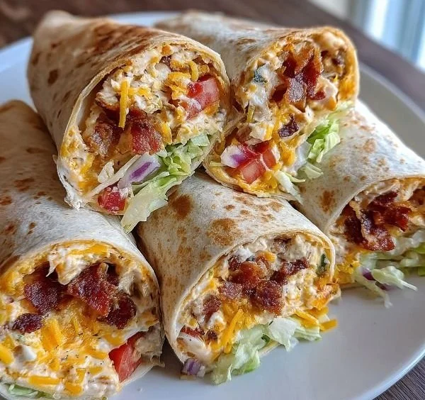 Cheesy Bacon Ranch Wraps ready to serve, garnished with fresh herbs