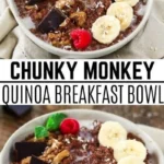Delicious Chunky Monkey Quinoa Breakfast Bowl topped with banana and nuts