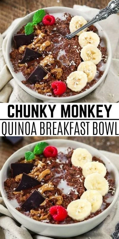 Delicious Chunky Monkey Quinoa Breakfast Bowl topped with banana and nuts