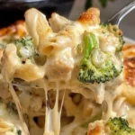Creamy chicken broccoli pasta dish served in a white bowl
