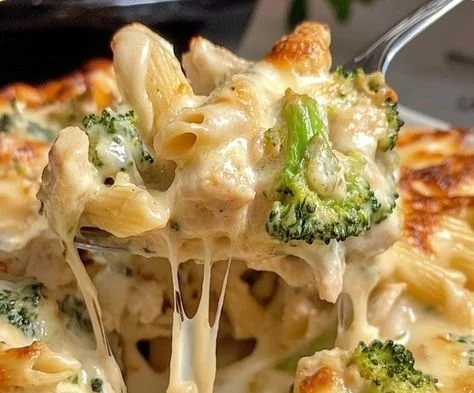 Creamy chicken broccoli pasta dish served in a white bowl