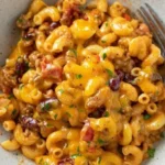Creamy chili mac dish served in a bowl, ideal for an easy dinner recipe.