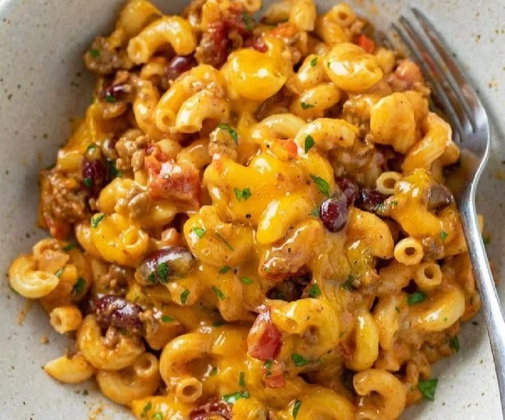 Creamy chili mac dish served in a bowl, ideal for an easy dinner recipe.
