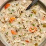 Creamy crockpot chicken wild rice soup in a bowl with fresh herbs