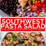Creamy vegan Southwest Pasta Salad with colorful veggies and pasta.