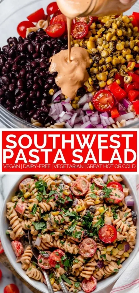 Creamy vegan Southwest Pasta Salad with colorful veggies and pasta.