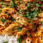 Delicious Crockpot Cajun Butter Chicken served with rice and greens