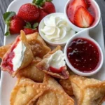 Deep-fried strawberry cheesecake wonton bites served on a plate