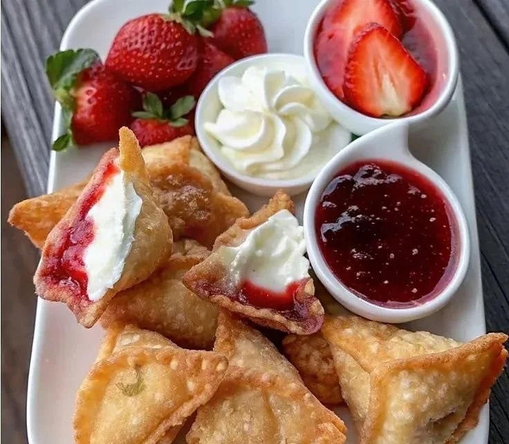 Deep-fried strawberry cheesecake wonton bites served on a plate
