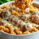 Delicious dump and bake meatball casserole dish ready to serve.