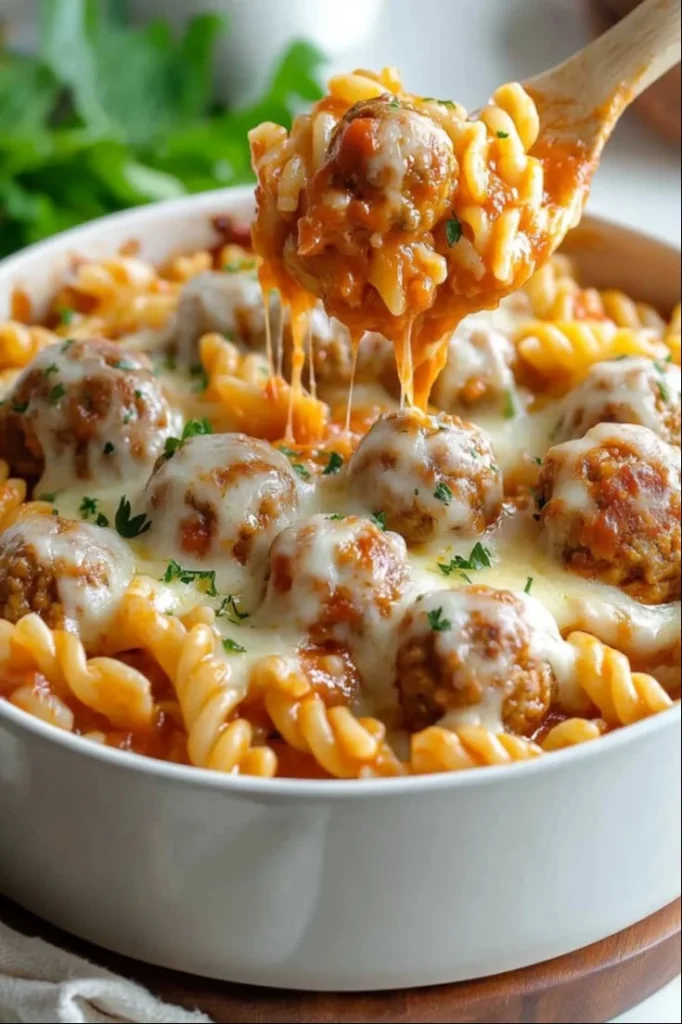 Delicious dump and bake meatball casserole dish ready to serve.