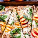 Easy chicken peach ricotta pizza topped with fresh ingredients