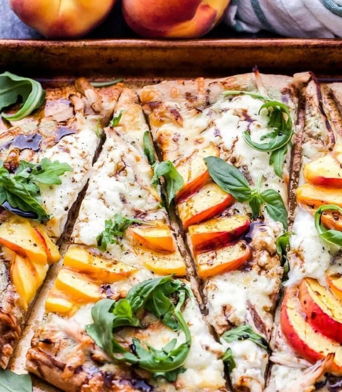 Easy chicken peach ricotta pizza topped with fresh ingredients