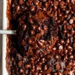 Delicious easy chocolate dump cake served on a plate with chocolate drizzles.