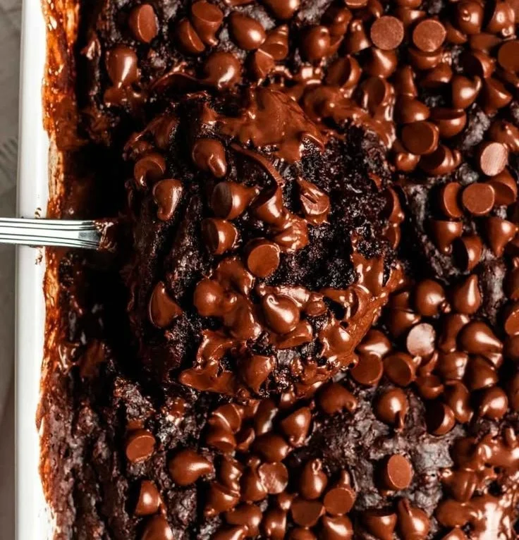 Delicious easy chocolate dump cake served on a plate with chocolate drizzles.