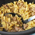 Easy crockpot beef stroganoff with ground beef served in a bowl