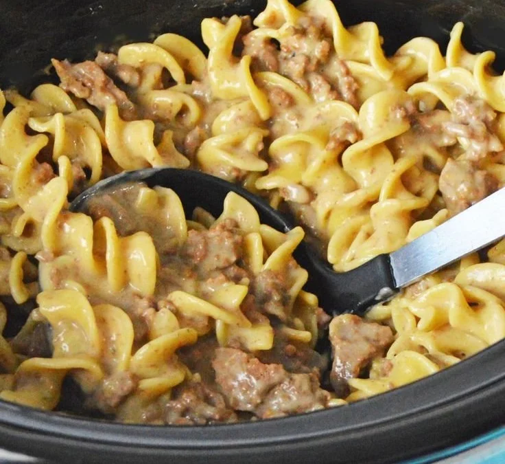 Easy crockpot beef stroganoff with ground beef served in a bowl