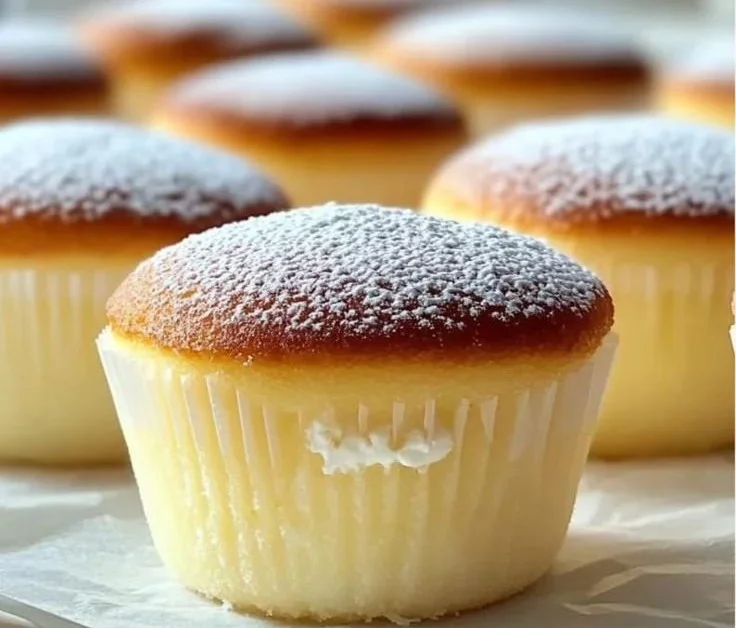 Delicious easy Japanese cotton cheesecake cupcakes topped with cream