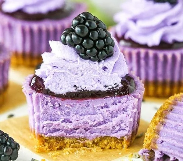 Mini blackberry lavender cheesecakes topped with fresh blackberries and lavender.