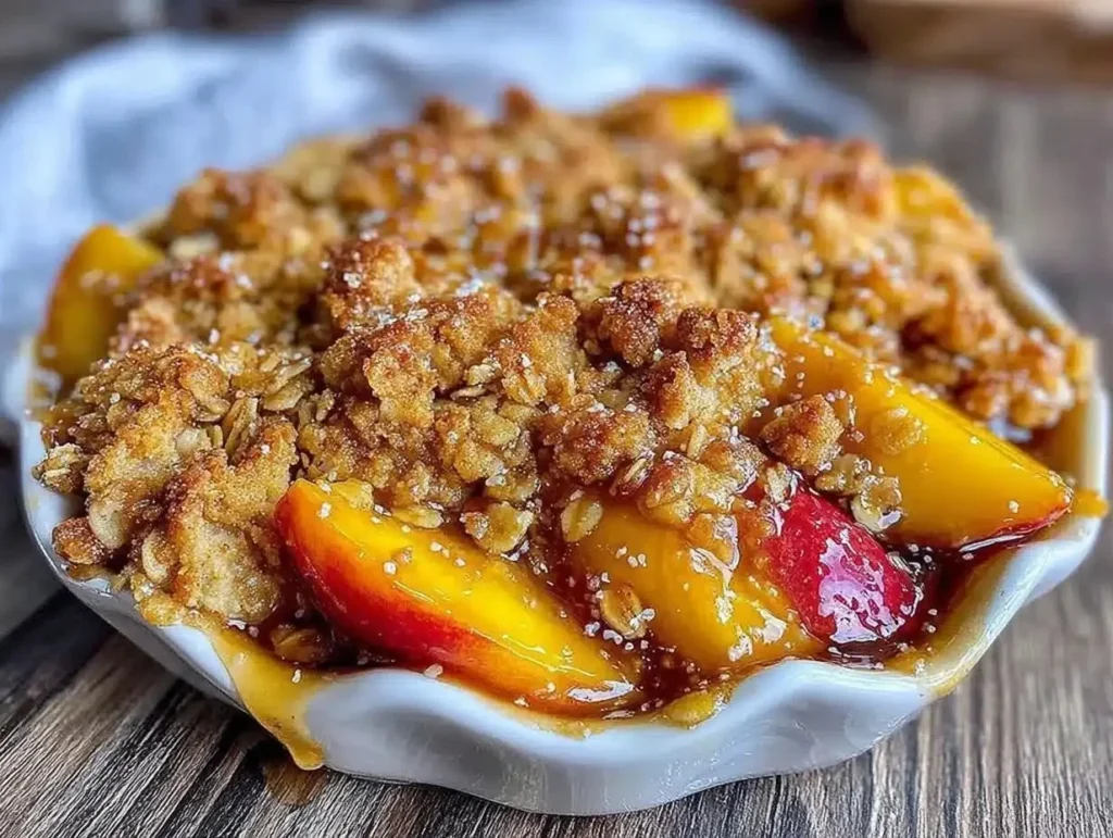 Delicious easy peach crisp with a crunchy oat crumble topping