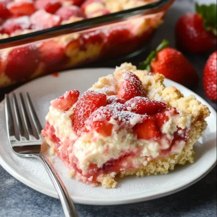 Delicious Easy Strawberry Cheesecake Dump Cake made with fresh strawberries.