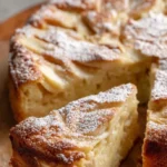 Slice of homemade French Apple Cake with apples on a plate