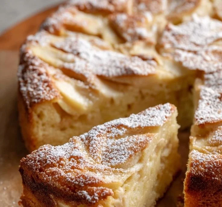 Slice of homemade French Apple Cake with apples on a plate