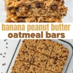 Healthy banana peanut butter oatmeal bars on a wooden table