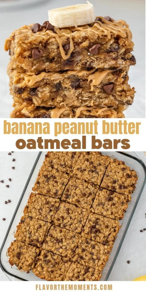 Healthy banana peanut butter oatmeal bars on a wooden table