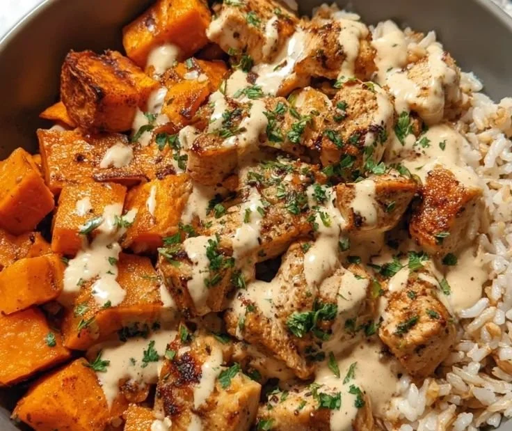 Healthy chicken and sweet potato rice bowl recipe for nutritious meals