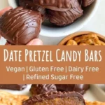 Healthy vegan and paleo date candy bars on a wooden table.