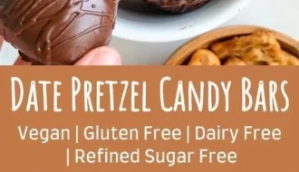 Healthy vegan and paleo date candy bars on a wooden table.