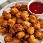 Plate of homemade popcorn chicken with crispy texture and garnished herbs