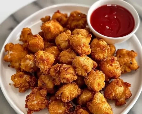 Plate of homemade popcorn chicken with crispy texture and garnished herbs
